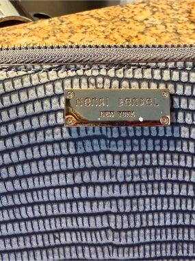 Henri Bendel Light Blue Textured Zip Pouch with Gold Plaque
